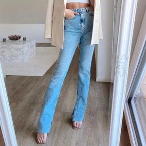 ZARA 6164/054/427 High Rise Slim Flare Side Slit Jeans Raw Hem NWT Sz 10